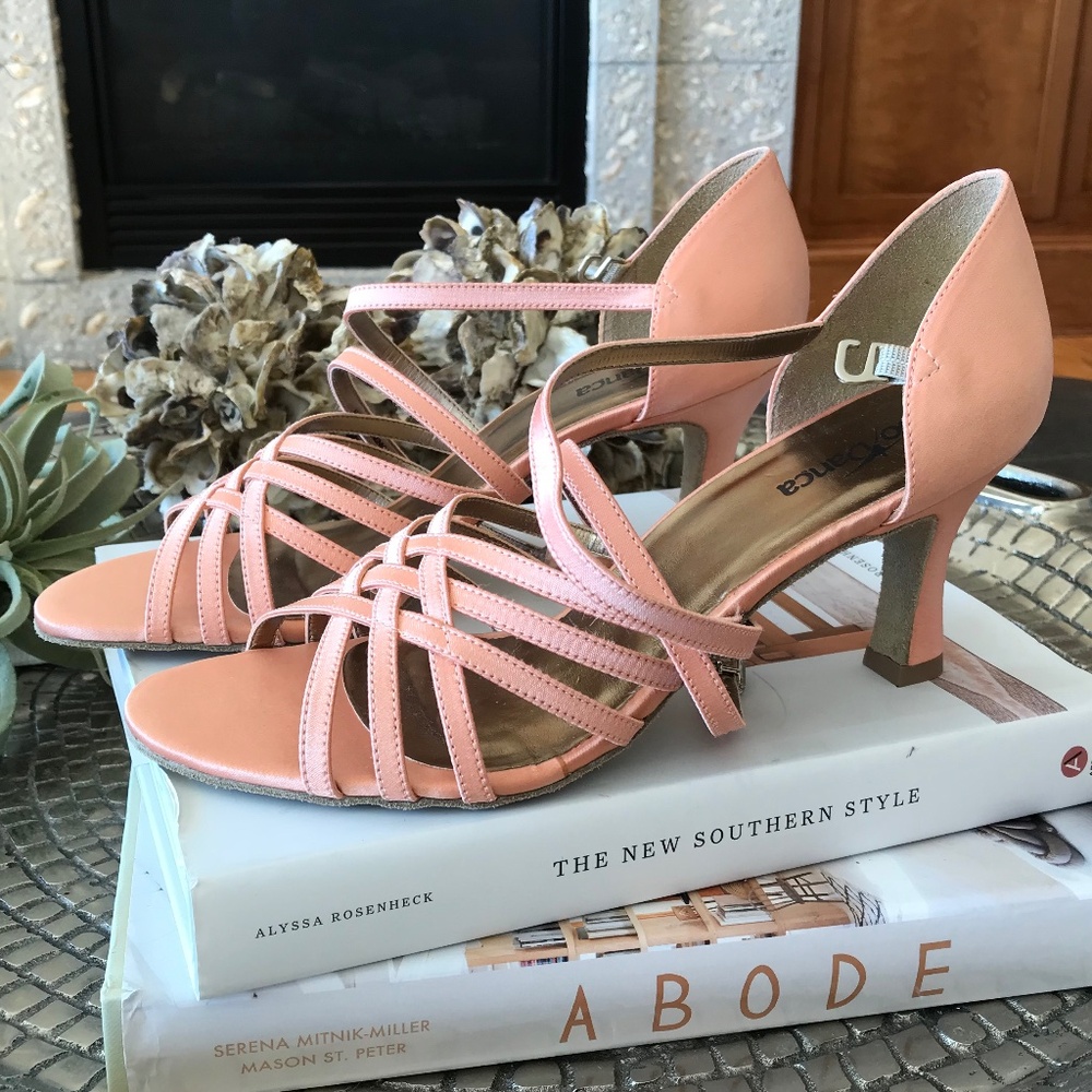 2.5" HEEL SALMON OPEN TOE STRAPPY BALLROOM SHOE